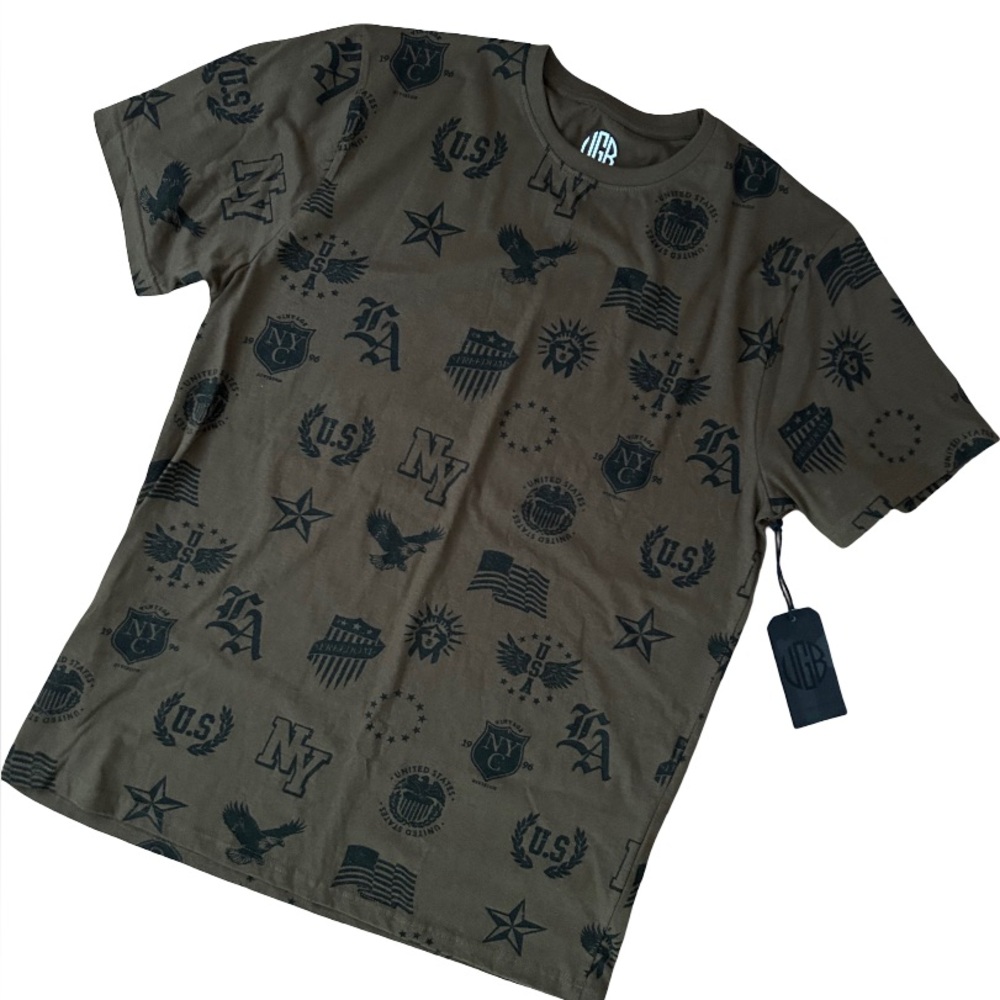 NWT Vintage Genes Black Men's Graphic tee - patriotic logos size large- olive